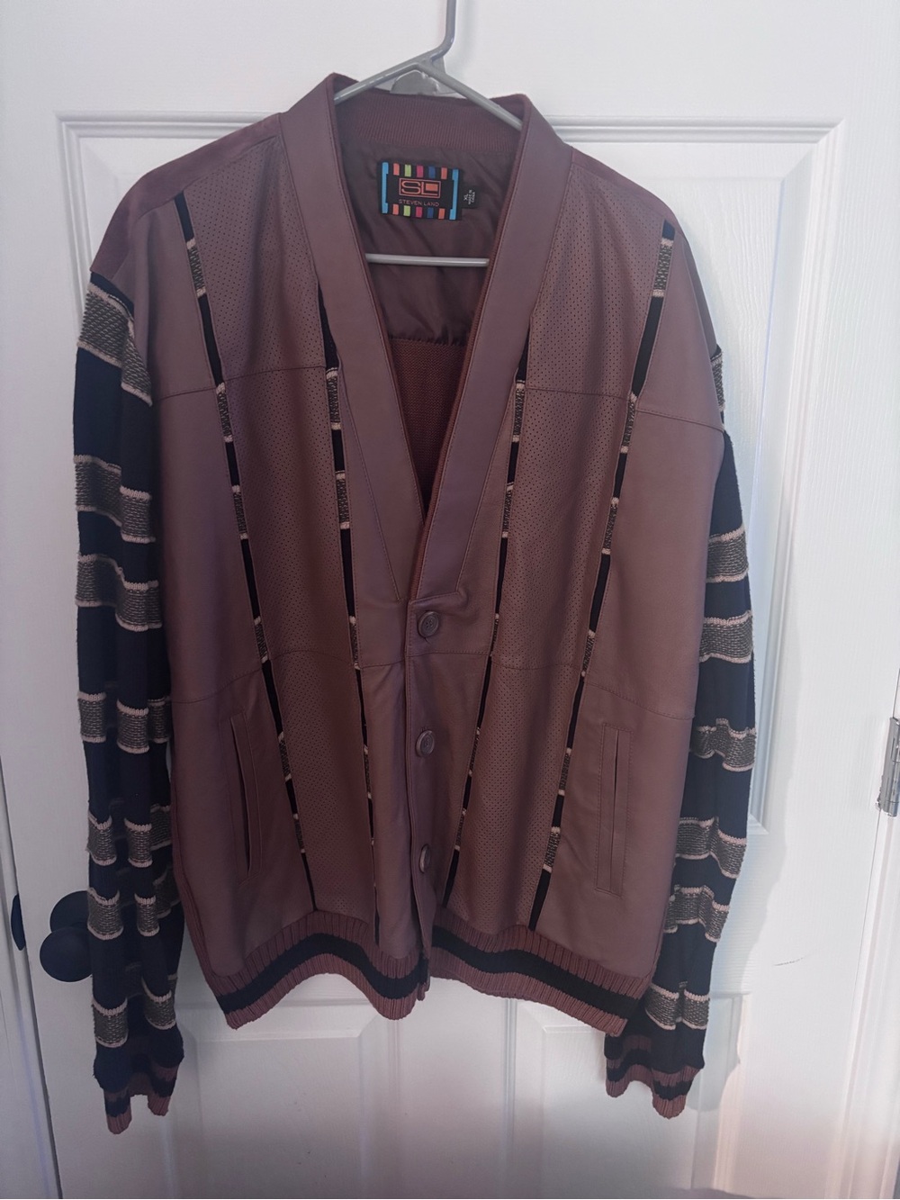 Vintage STEVEN LAND Leather Knit Sweater Jacket Mens XL Brown Black Cardigan 90s